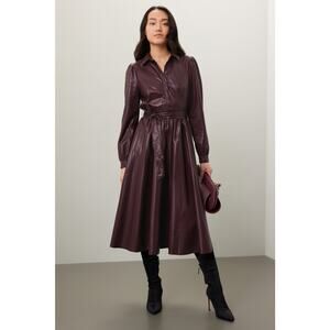 Peter Som Pleated Faux Leather Brown Long Sleeve Midi Shirt Dress Size 4